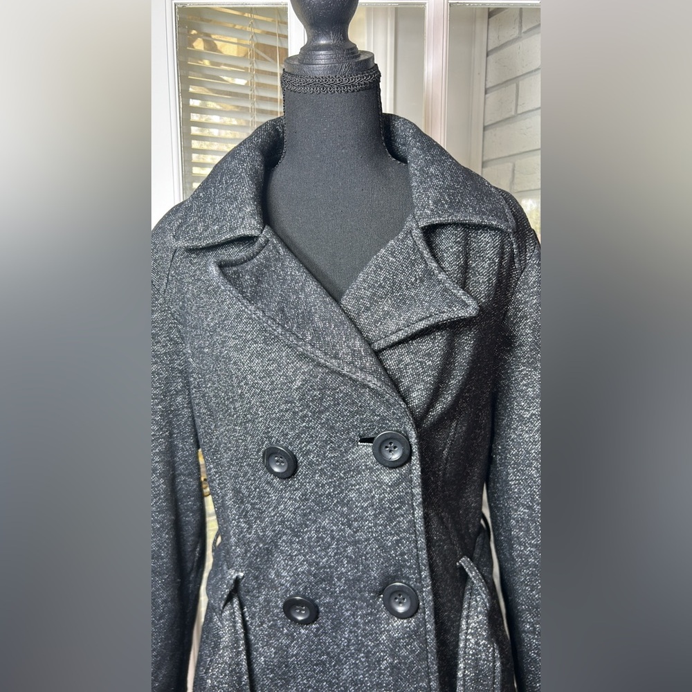 INTL details Coat Gray/Black Button Belted Pockets Mid-Length Women's L Regular - Picture 3 of 11
